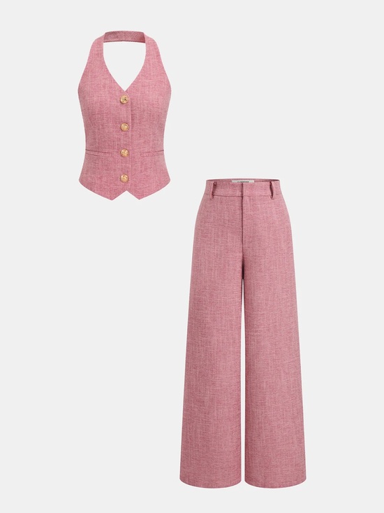 Commense Pants - Commense NWT Halter Vest & Wide Leg Pants Set Pink Size S Gold Button Tailored